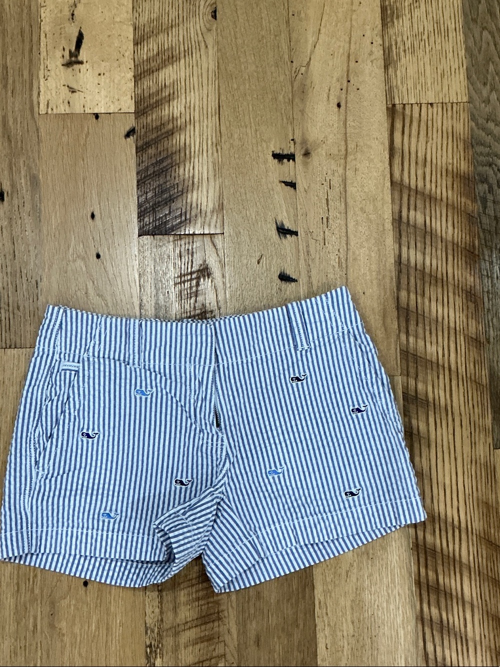 Vineyard Vines Blue and White Striped Whale Embroidered High-Waist Shorts